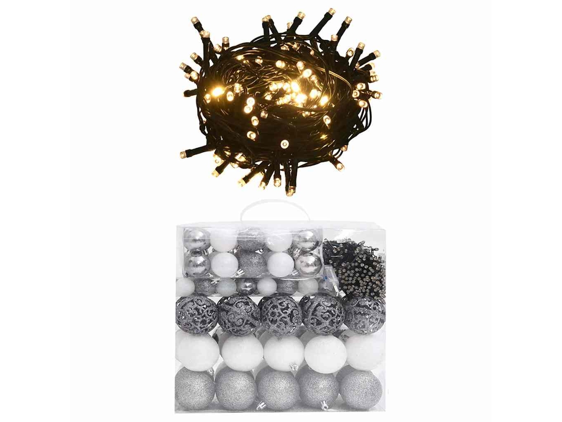 Vidaxl Conj. De Bolas De Natal 120 Pcs + Pico E 300 Leds Branco/cinza