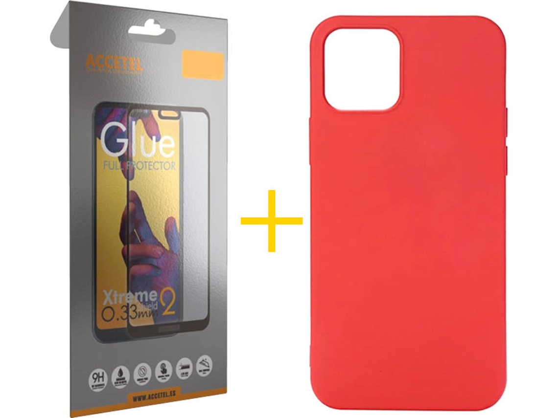 Kit Capa e Película Vidro Full 1X  iPhone 11 Pro Max Accetel Silicone Vermelho