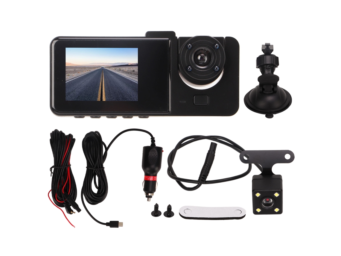 Gravador de vídeo veicular (DVR) com 3 câmeras, tela Full HD de 2 polegadas, visão noturna e câmera veicular.