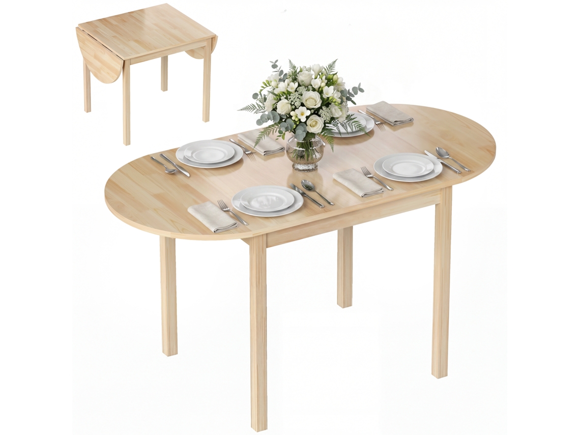Mesa De Jantar Oval Dobrável Em Madeira Maciça Com 2 Abas Rebatíveis, Compacta, 140 Cm (comprimento) X 70 Cm (largura) X 75 Cm (altura)