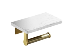 Porta papel Higiênico em Aço Inoxidável Dourado Escovado com Prateleira em Mármore Natural Branco AQUAFORGE