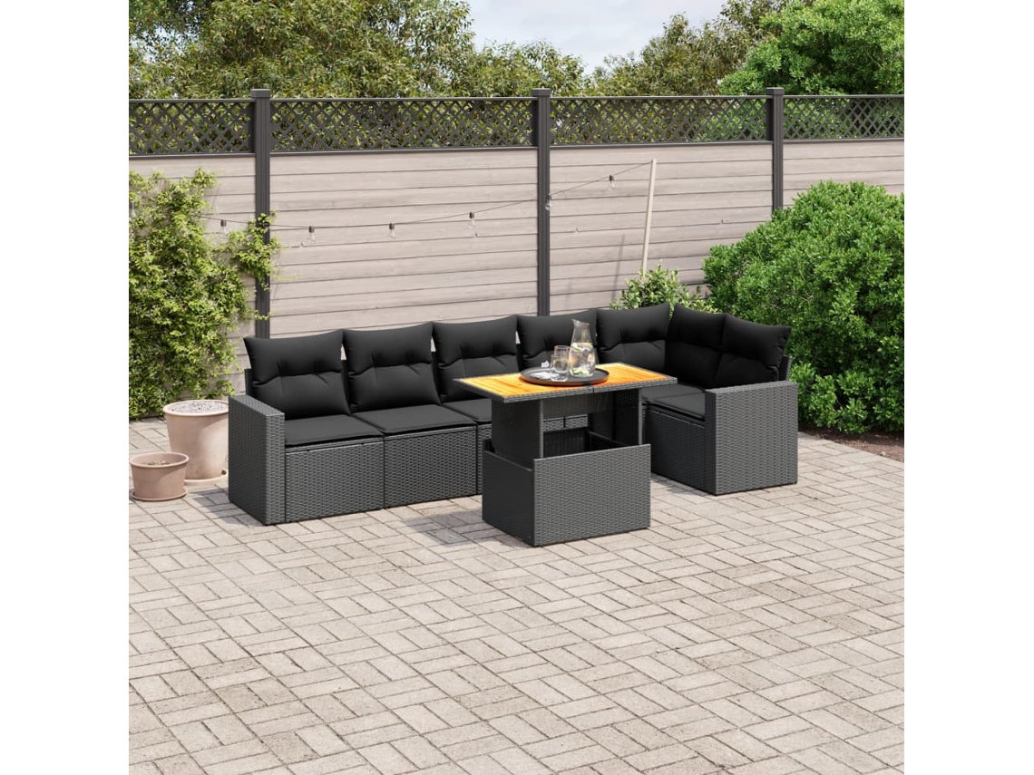7 Pcs Conjunto De Sofás P/ Jardim C/ Almofadões Vime Pe Preto Dkd Home Decor