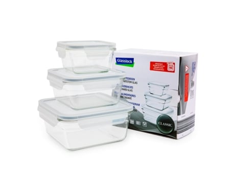 Conjunto de 3 Recipientes Quadrados de Vidro para Forno de 0,4L, 0,9L e 1,6L. Cinza GLASSLOCK