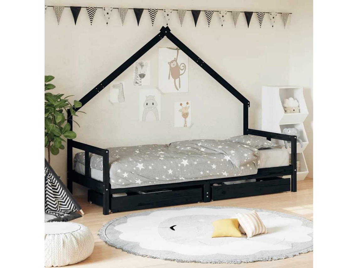Vidaxl Estrutura Cama Infantil C/ Gavetas 80x200cm Pinho Maciço Preto