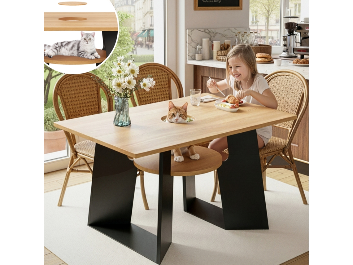 Mesa Retangular Jantar SINI TECH STORE Ideal para Quem Tem Animais de Estimação com Capacidade para 6 Pessoas e Acabamento em Madeira Natural