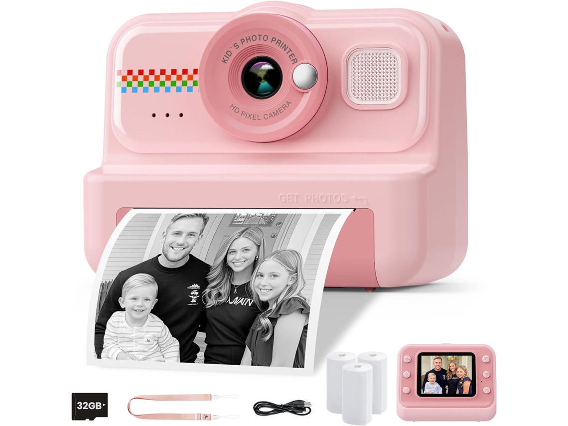 Máquina Fotos Infantil Impressão Instantânea,1080p Hd, 32gb, 3 Rolos Papel, para 3 14 Anos Rosa HEXINYIGJLY