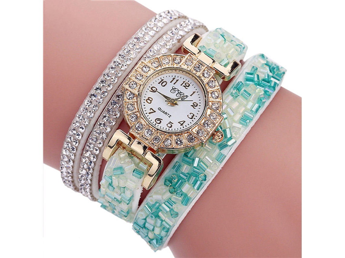 Relógio de Pulso Feminino de Quartzo com Pulseira Multicamadas e Cristais Coloridos Branco