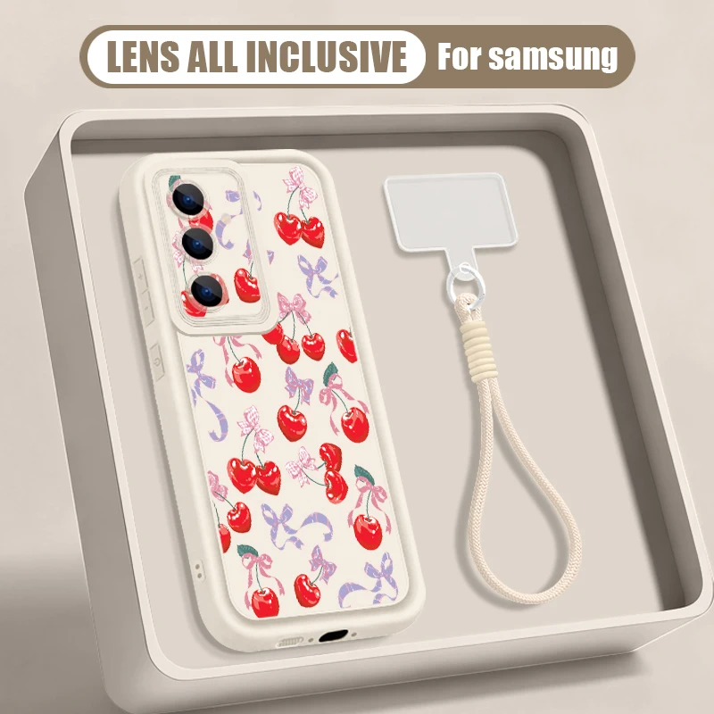 Capa Para Celular Galaxy A57 Com Cordão E Estampa De Cerejas (marrom Claro)