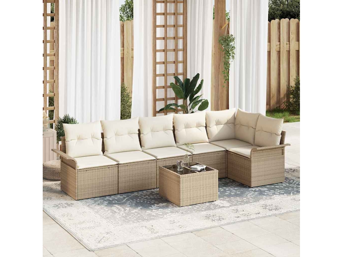 Vidaxl Conjunto De Sofá De Jardim 7 Unid. Bege Vime Pe