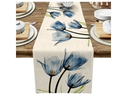 2026 runner para Mesa 13 X 71 Polegadas Azul Tela Lino com Flores Decoração Resistente Lavável