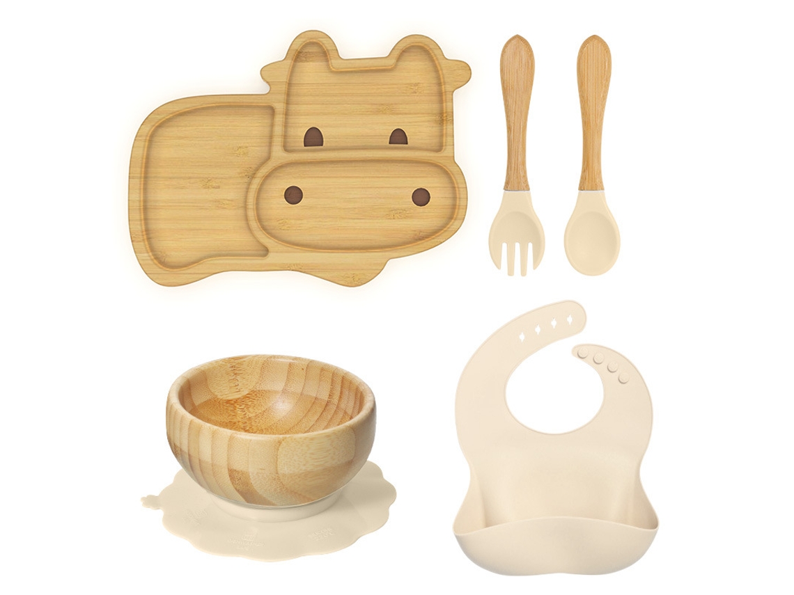 Conjunto De Utensílios De Mesa Para Bebé Em Bambu, Com Estampado De Bezerro, 5 Peças. Branco-sujo Panoona