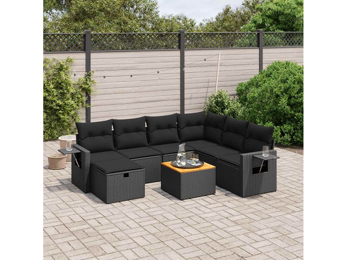Vidaxl 8 Pcs Conjunto Sofás De Jardim Com Almofadões Vime Pe Preto