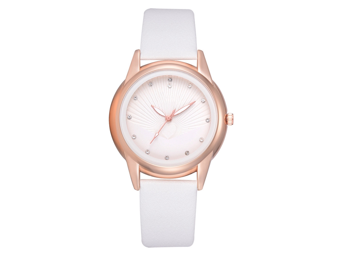Relógio de Pulso Feminino Disu Strass Quartzo Pulseira Couro Pu Casual Redondo Branco