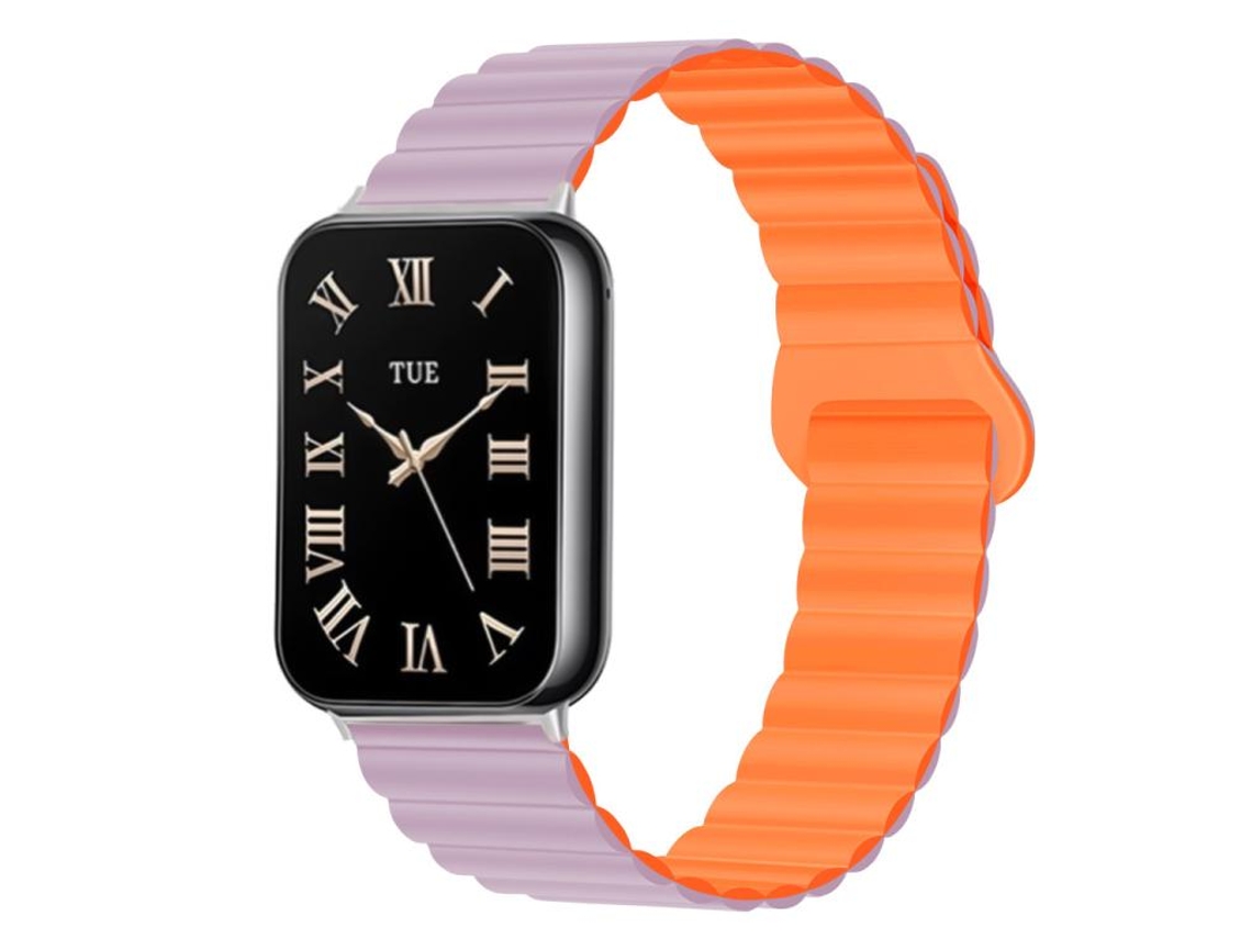 Bracelete para Redmi Watch 6 / 5 / 4 XIAOMOYU em silicone magnético reversível com duas cores roxo claro e laranja