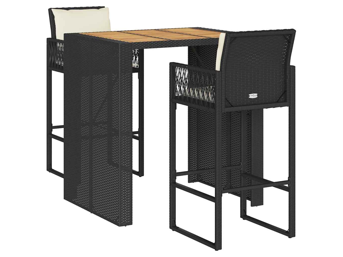 Conjunto 3 De Bar Jardim C/ Almofadões Vime Pe/acácia Preto Vidaxl