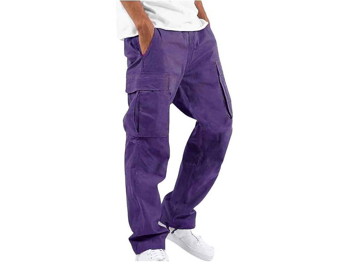 2026-calças Masculinas Casuais Simples Com Múltiplos Bolsos Exteriores Retas Fitness S Morado
