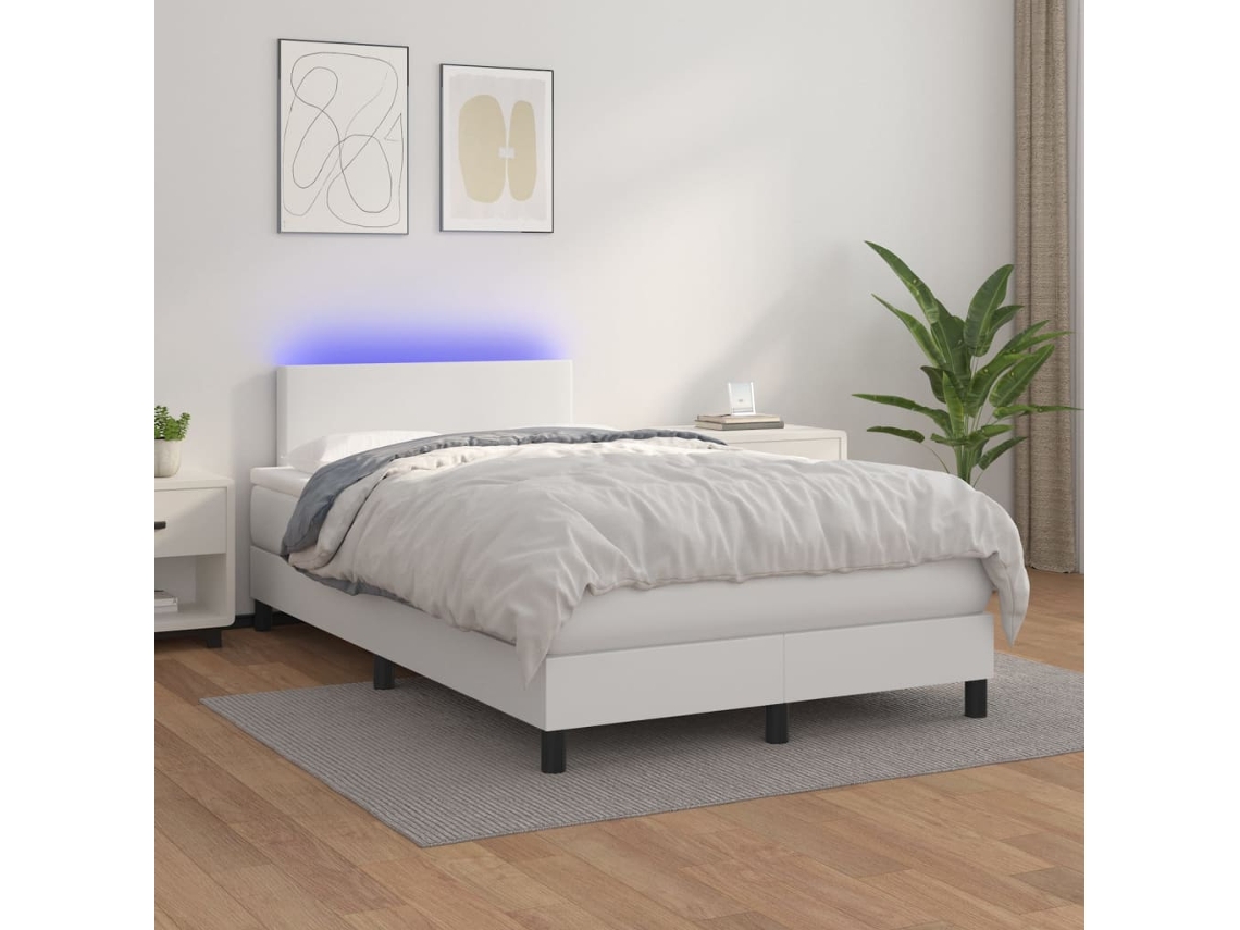 Vidaxl Cama Box Spring C/colchão/led 120x200cm Couro Artificial Branco