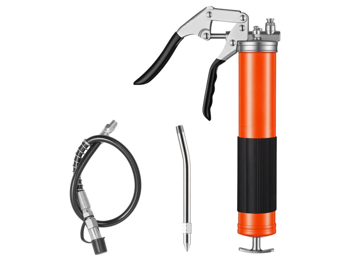 Pistola de Graxa 8000 Psi, com Empunhadura e Capacidade 0,4 L, Inclui Mangueira Flexível 46 Cm, 1 Tubo Extensão Rígido Bico Afiado para Automotiva