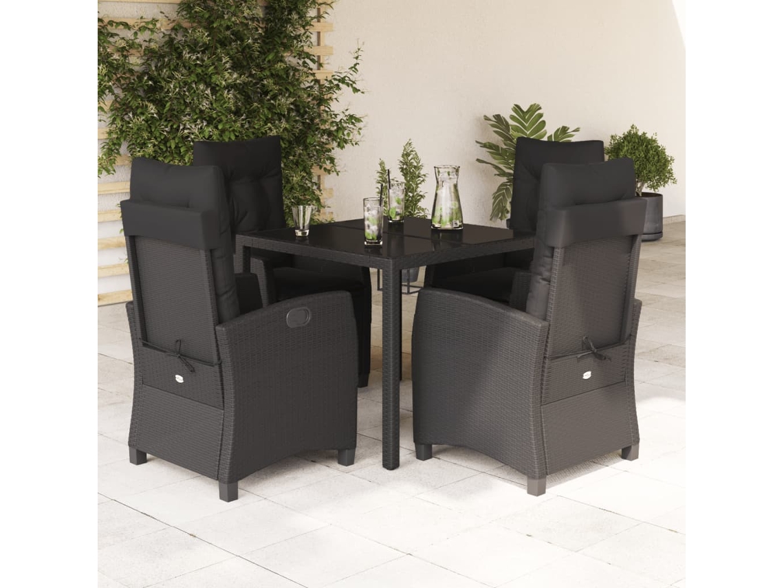 Vidaxl 5 Pcs Conjunto De Jantar P/ Jardim C/ Almofadões Vime Pe Preto