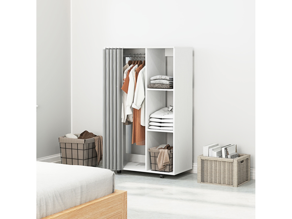 Guarda-roupa Móvel Com 4 Rodas, Cabideiro E Prateleiras Abertas, Branco