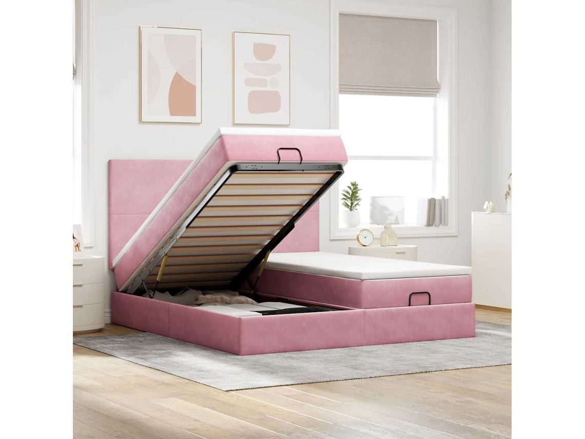 Vidaxl Estrutura De Cama Otomana Com Colchões 160x200 Cm Veludo Rosa