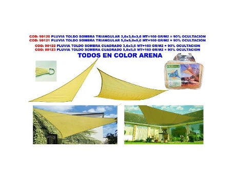 Pluvia toldo sombra triangular 3,6x3,6x3,6 mt 160 gr-m2 90% ocul