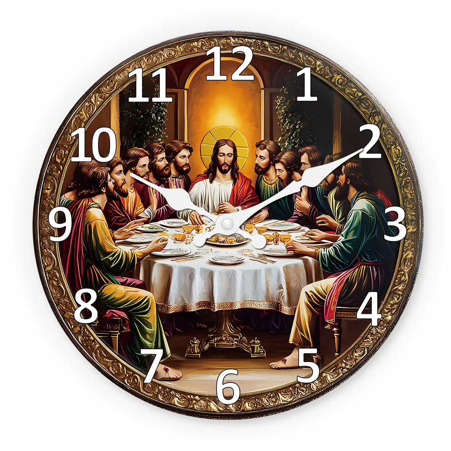 Relógio De Parede Religioso Vintage De Madeira (16 Polegadas) Com Tema Da ''última Ceia'', Relógio De Quartzo Silencioso.