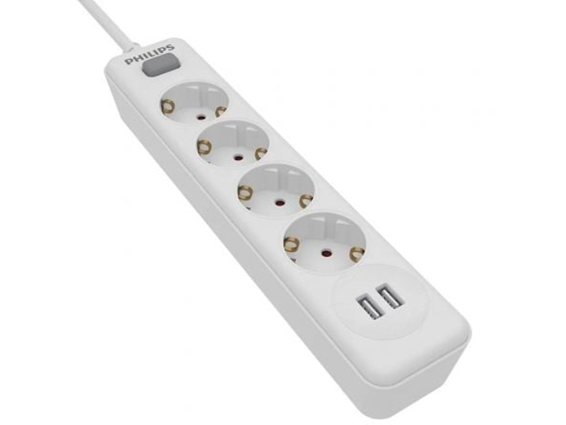 Extensão com Interruptor PHILIPS SPN3042WA/10 / 4 Tomadas de Corrente / 2 USB / Cabo de 2m / Branco