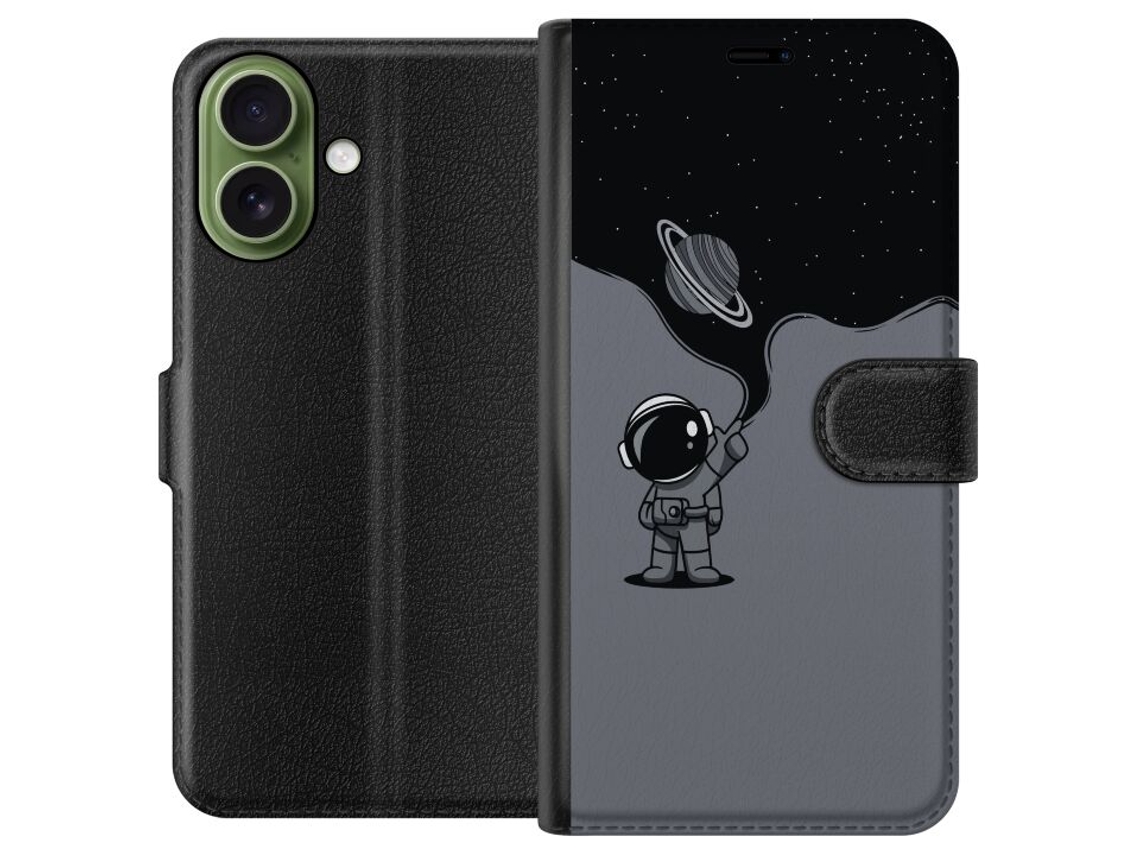 Capa Carteira Compatível Com Apple Iphone 17. Pequeno Astronauta Em Pé Em Um Planeta, Observando O Céu Estrelado E O Planeta Anelar Em Estilo Minimali