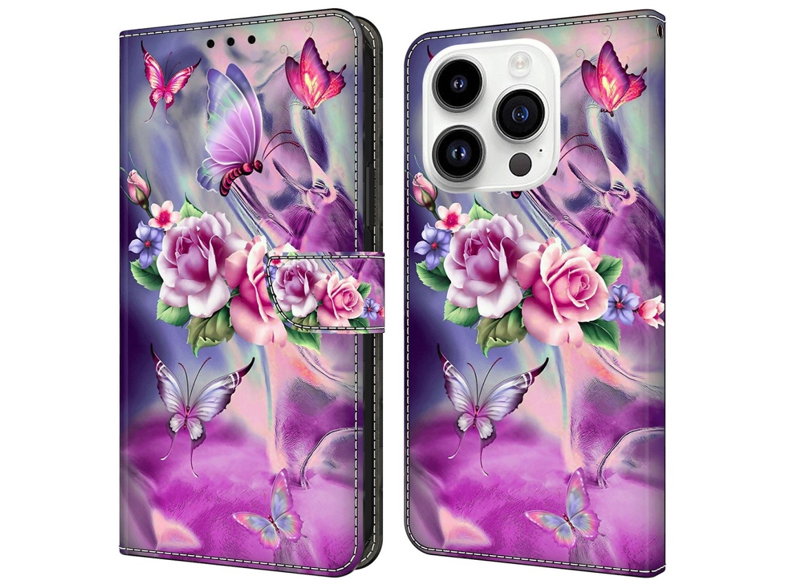 Capa Em Couro Pu Com Suporte Para Apple Iphone 16 Pro Max - Borboletas/flores
