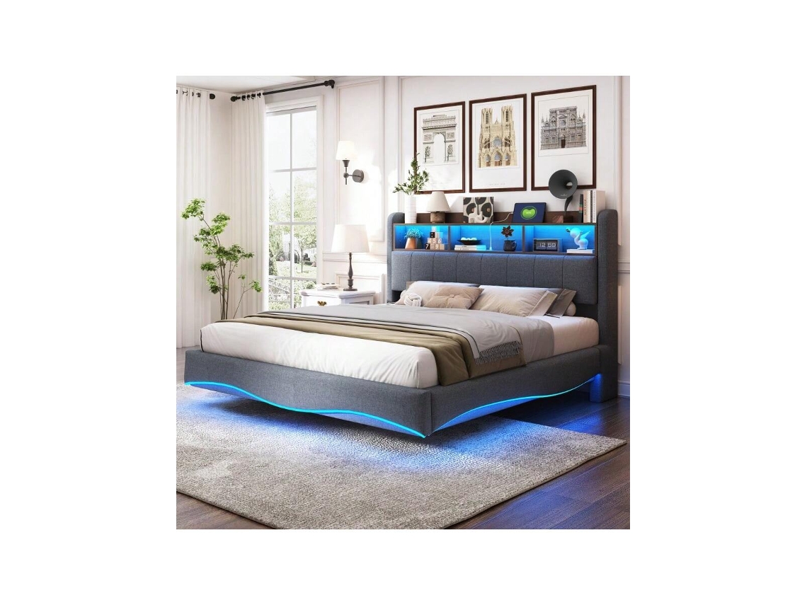 Cama Box Suspensa 160x200cm Em Tecido De Linho, Multifuncional Com Armazenamento, Luz Led E Portas Usb/type C Cinza Liptaptyn