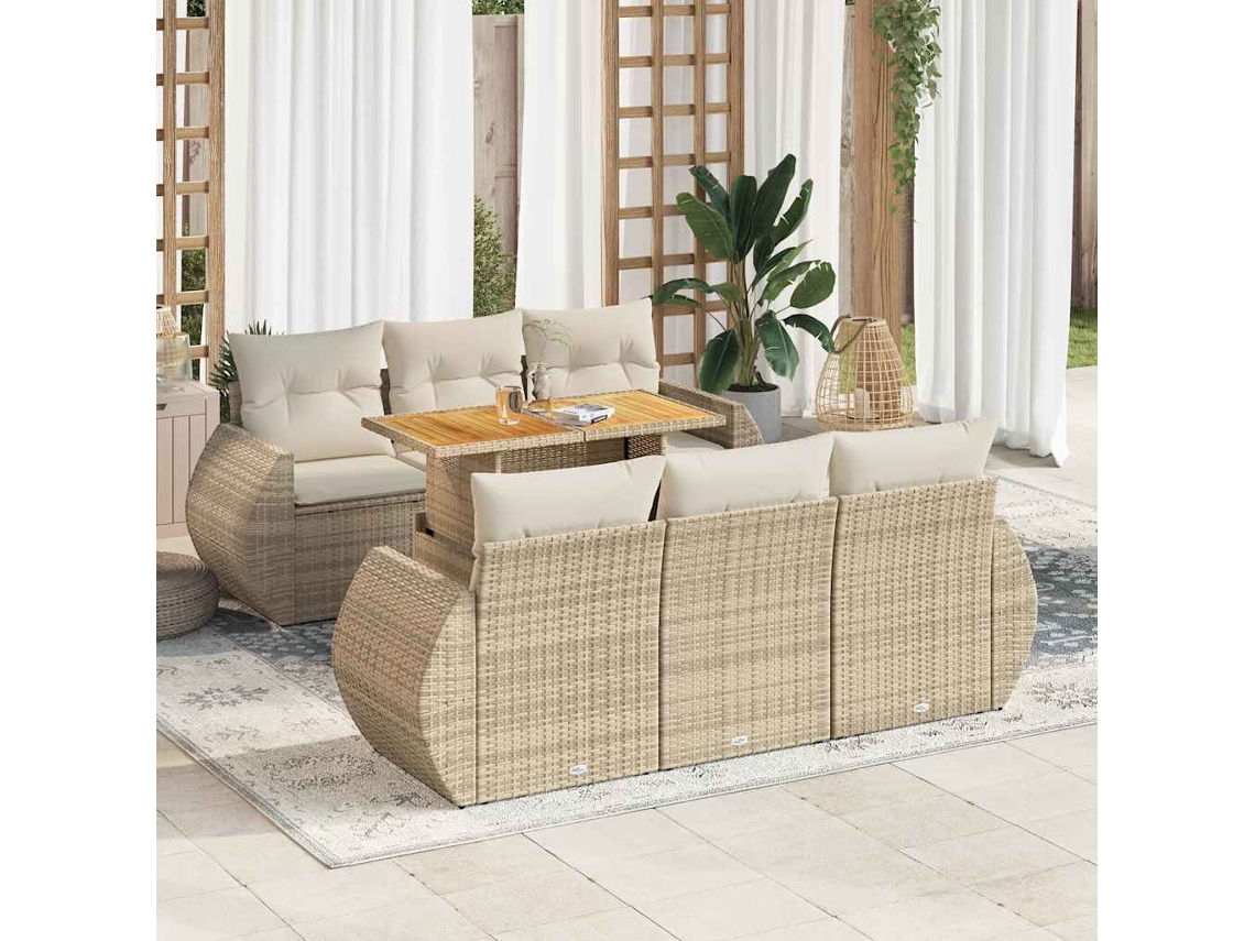Vidaxl 7 Pcs Conjunto De Sofás P/ Jardim Com Almofadões Vime Pe Bege