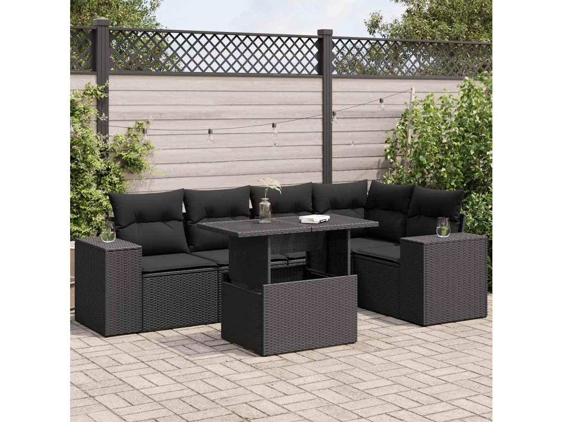 Vidaxl 6 Pcs Conjunto Sofás De Jardim C/ Almofadões Vime Pe Preto