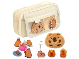 Estojo para Lápis, 2 Compartimentos, Transparente, com Bolsos, Bege, Capivara AQUAFORGE