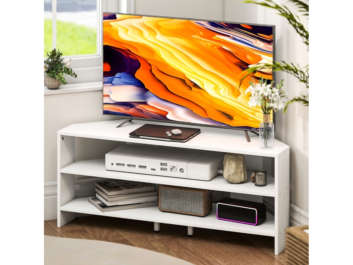 Suporte De Canto Para Tv Até 47" Com 2 Prateleiras Abertas Em Madeira Branca 110x36x45 Cm