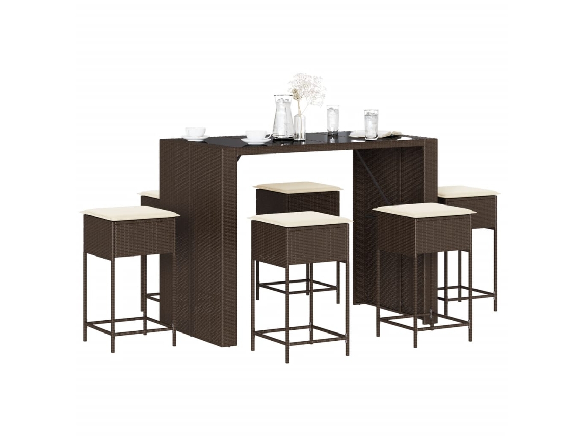 Vidaxl 7 Pcs Conjunto De Bar P/ Jardim C/ Almofadões Vime Pe Castanho