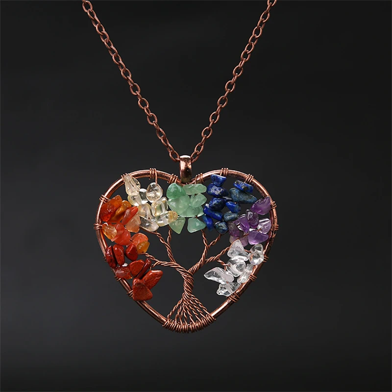 Colar Com Pingente De Coração De Cristal Para Cura Dos Chakras, Estilo Árvore Da Vida.