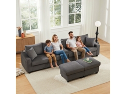 Sofá Em U Com 2 Otomanas, Lâmpada De Leitura, Bandeja, Porta-copos, Usb/type-c, Luzes Led, Cinza, 334x128,5x81 Cm