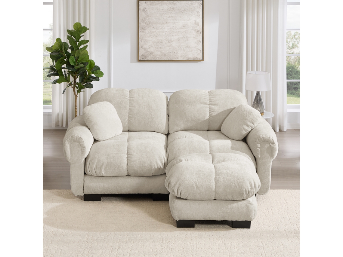 Sofá 2 Lugares, Modular, Em Forma De L, Com Ottomana Móvel, Tecido Chenille, Estofado Acolchoado, Cor Cáqui Claro