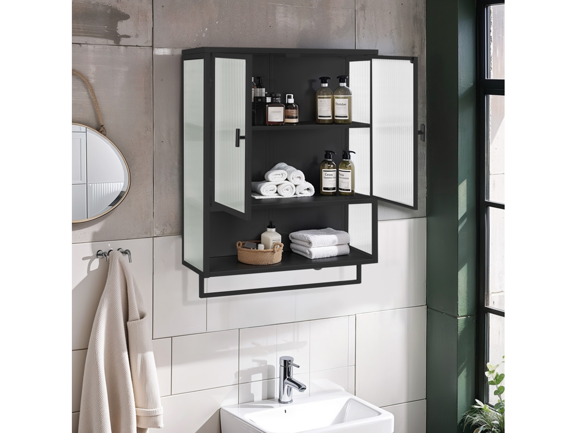 Armário De Parede 60cm, 2 Portas Vidro, Moderno, 2 Níveis Fechados, Prateleira Aberta E Suporte Toalhas, Hall, Sala, Banheiro, Jantar, Preto.