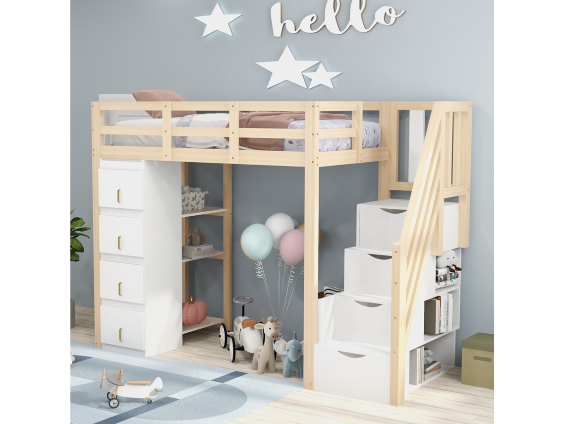 Cama Loft Madeira 90x200cm, Gavetas, Prateleiras, Escada C/ Gavetas (ldb00277aan).-op