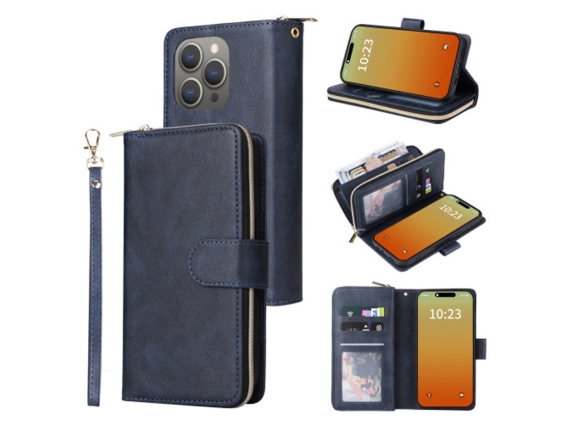 Capa Para Iphone 15 Pro Pele Sintética Com Porta-cartões Azul