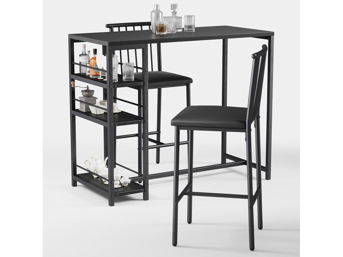 Mesa Alta - Bealife - 1 Mesa Alta Preta - 2 Banquetas Com Encosto - Metal E Pu Em Couro - 3 Prateleiras - 91 X 50 X 91 Cm