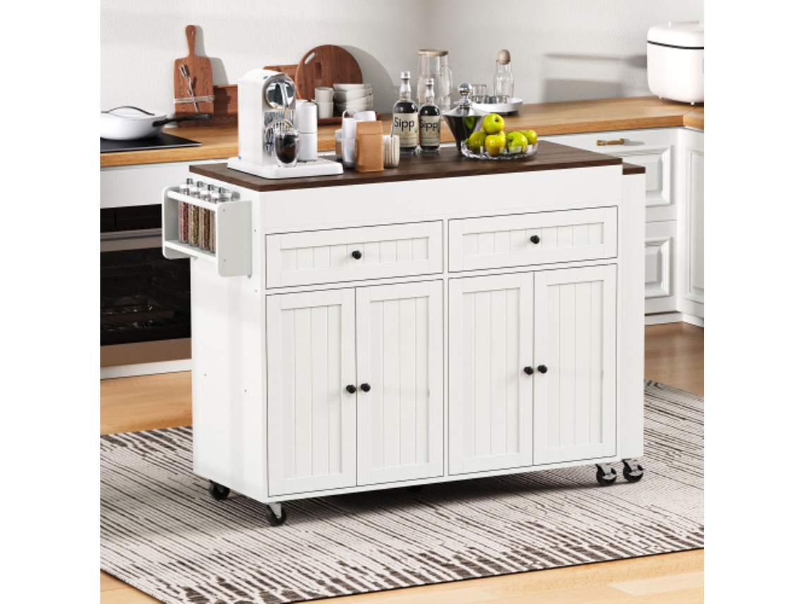 Ilha De Cozinha Com Rodas, Área De Refeição Extensível, Tampo E Gavetas (branco+noz)
