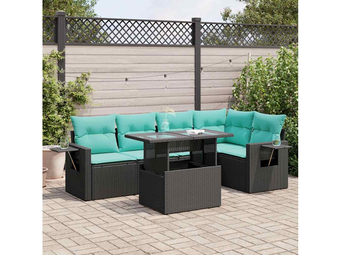 Vidaxl 6 Pcs Conjunto Sofás Jardim C/ Almofadões Vime Pe/acácia Preto