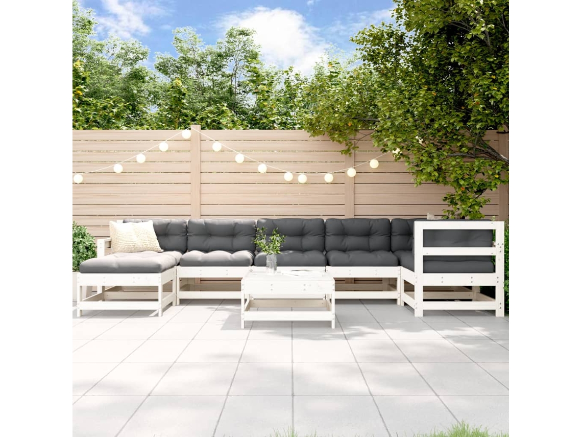 Vidaxl 8pcs Conjunto Lounge Jardim C/ Almofadões Madeira Maciça Branco