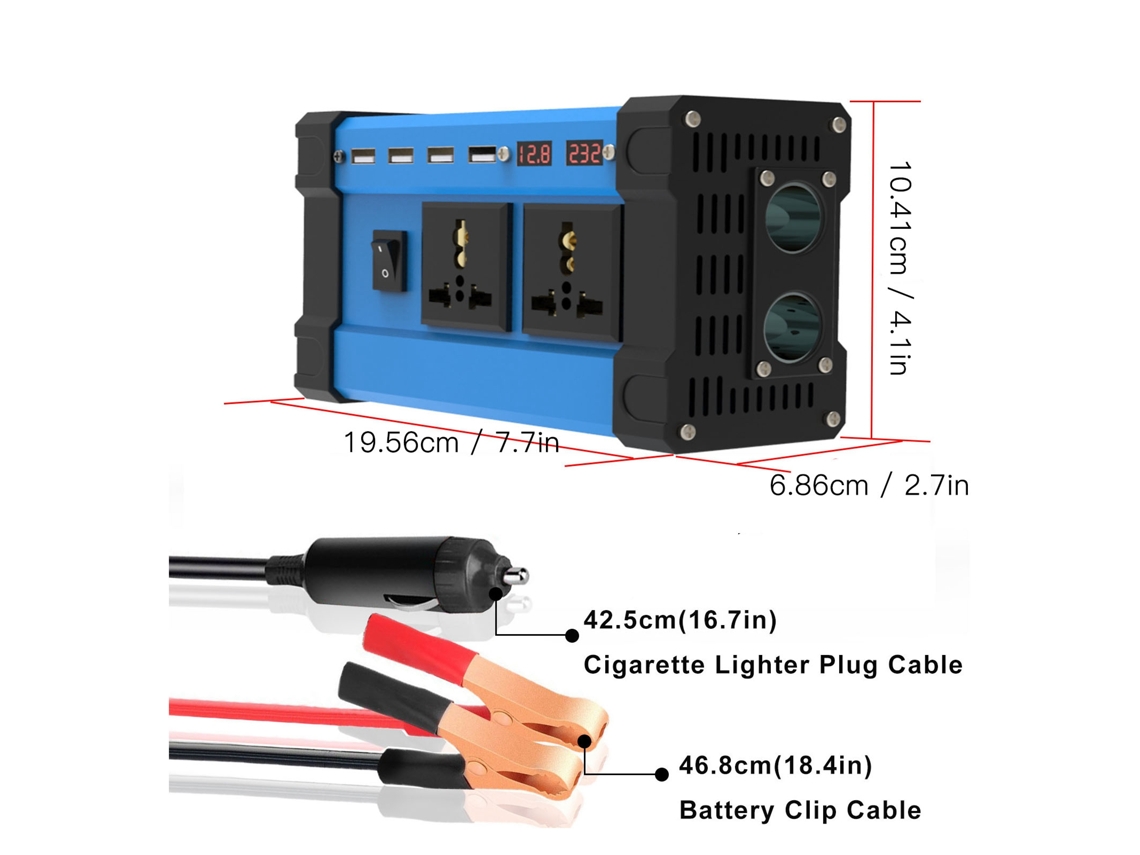 Inversor de potência de 500 W (DC 12 V para AC 220 V) com ondas senoidais modificadas, display LCD, 4 portas USB de 4,2 A