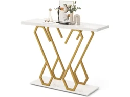 Mesa de Entrada em Mármore Artificial Mesa de Consola Moderna Branca com Tampo em Mármore Artificial e Estrutura Metálica COSTWAY