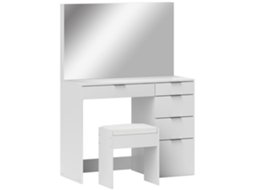 Conjunto de Mesa de Maquiagem com Espelho e 5 Gavetas 97,2x44,5x136,5 Cm e Banquinho Estofado 40x24x46 Cm. Branco Ge