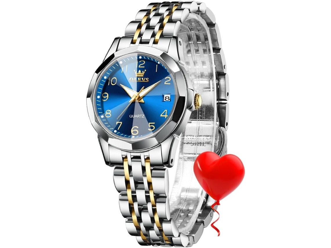 Lurelia Relógio Feminino, Movimento De Quartzo, Luminoso, Duplo Fuso/mostrador, Detalhes Com Strass, 9 Mm, Aço Inoxidável, Resistente À Água, Azul